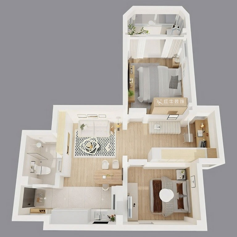 顧娟｜鎖金二村21-1105-77㎡-現(xiàn)代風格｜2室2廳1衛(wèi)｜舊房裝修｜定制家｜全包11萬｜00_05鳥瞰圖