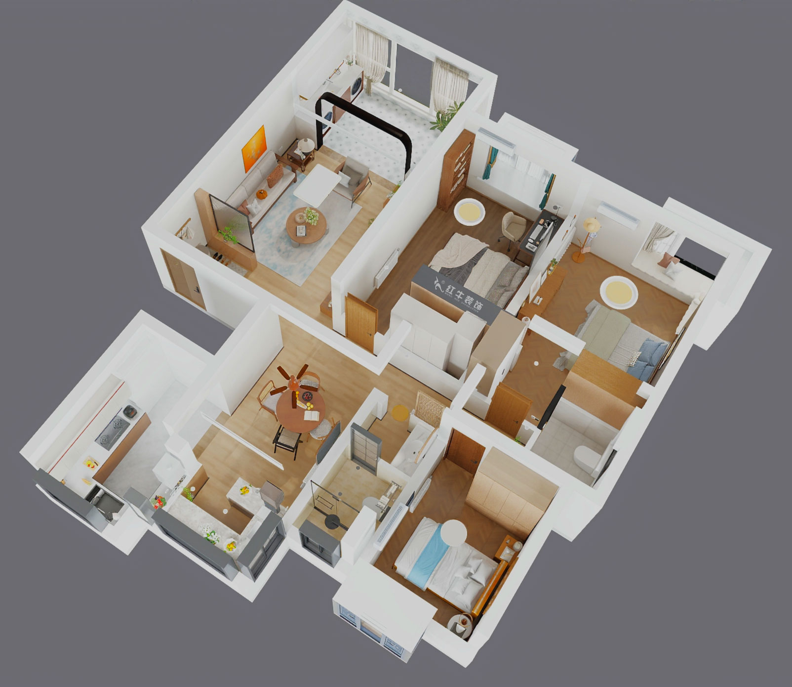 魏利利｜澳麗嘉園6-1004-128㎡-現(xiàn)代中古風｜3室2廳2衛(wèi)｜老房改造｜定制家｜全包17萬｜00_04鳥瞰圖