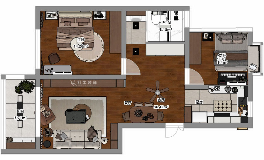 朱明琪｜時光澔韻3-2-902-90㎡-現(xiàn)代中古風｜2室2廳1衛(wèi)｜老房裝修｜定制家｜全包13萬｜00_03平面彩圖