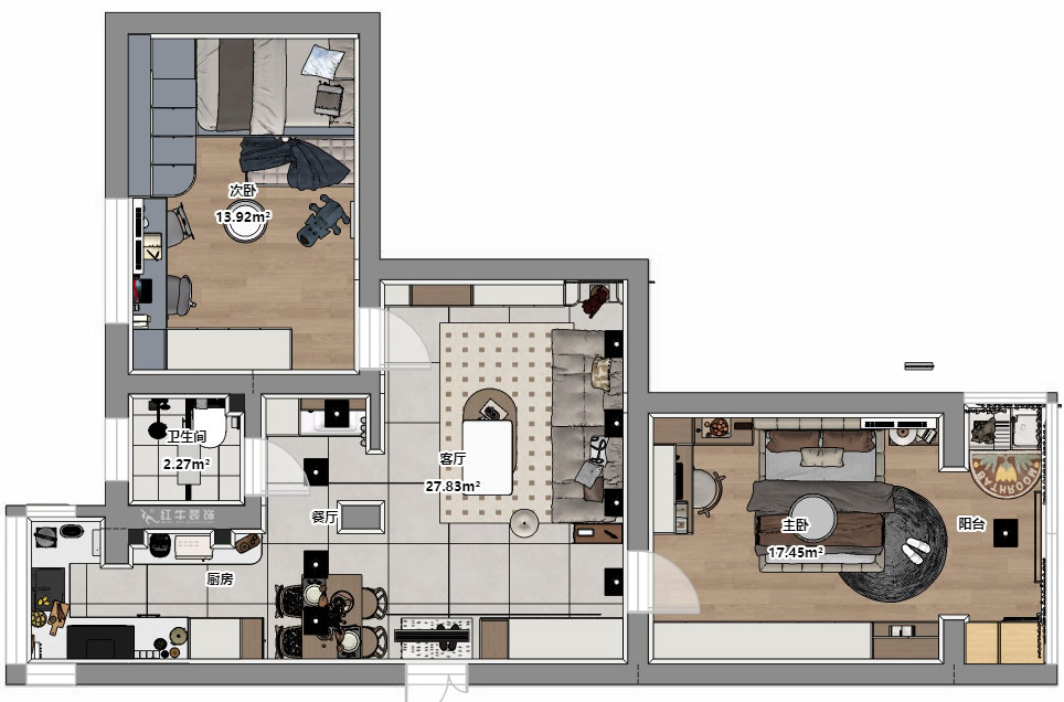 顧娟｜大樹根32-703-70㎡-現(xiàn)代簡約風(fēng)格｜2室2廳1衛(wèi)｜舊房裝修｜定制家｜全包11萬｜00_04平面彩圖
