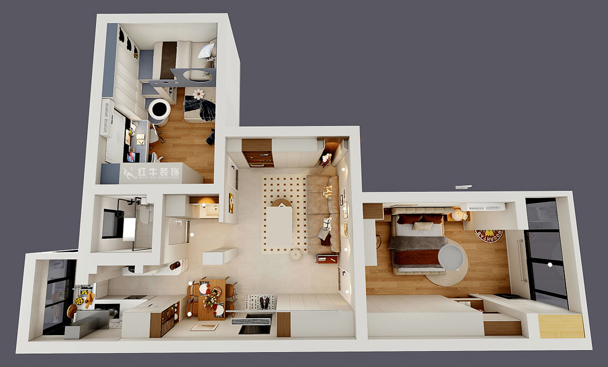 顧娟｜大樹根32-703-70㎡-現(xiàn)代簡約風(fēng)格｜2室2廳1衛(wèi)｜舊房裝修｜定制家｜全包11萬｜00_05鳥瞰圖