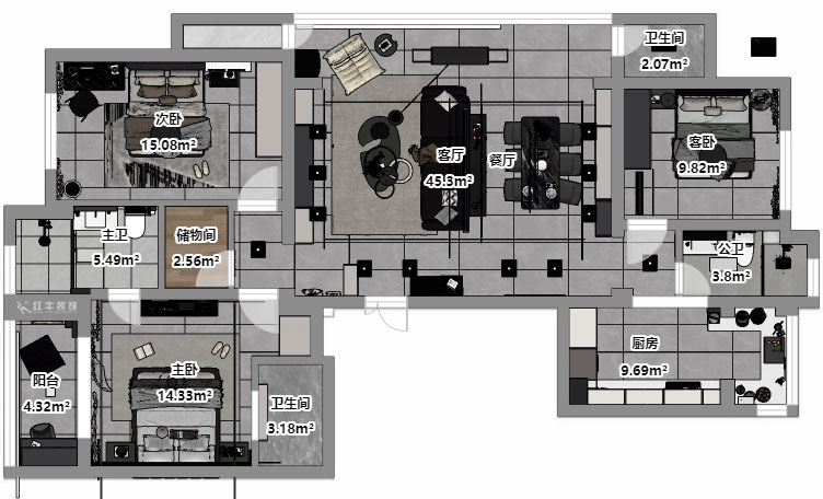劉小勇｜翠屏誠園北區(qū)5-702-138㎡-現(xiàn)代黑白灰風格｜3室2廳2衛(wèi)｜老房裝修｜定制家｜全包19萬｜00_03平面彩圖