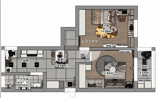魏明花｜公教一村16-603-68㎡-現(xiàn)代簡(jiǎn)約風(fēng)格｜2室1廳1衛(wèi)｜二手房裝修｜定制家｜全包9萬(wàn)｜00_03平面彩圖