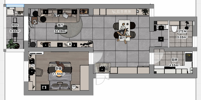 魏明花｜衛(wèi)橋新村17-502-70㎡-現(xiàn)代簡約風(fēng)格｜1室2廳1衛(wèi)｜二手房裝修｜定制家｜全包9萬｜00_03平面彩圖
