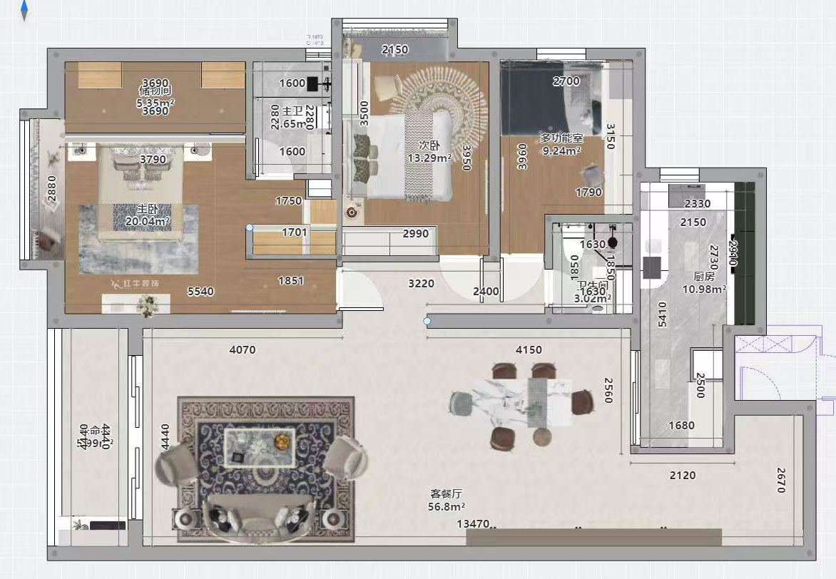 蔣琛｜京隆名府3-1907-160㎡-法式風(fēng)格｜3室2廳2衛(wèi)｜舊房裝修｜定制家｜全包22萬(wàn)｜00_03平面彩圖