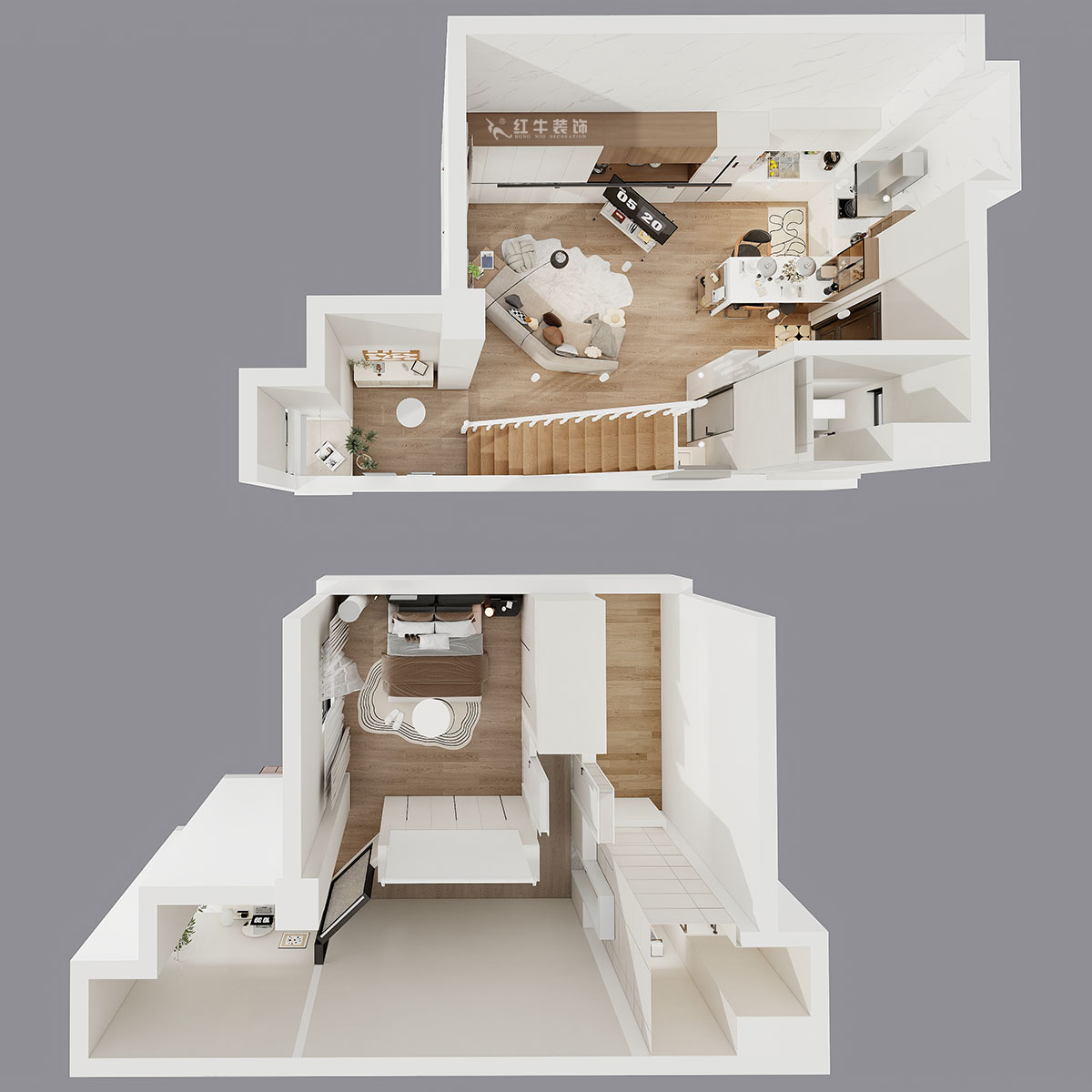 朱明琪｜萊茵鉑郡922室-69㎡-原木風格｜復式｜loft公寓｜2室2廳2衛(wèi)｜老房裝修｜定制家｜全包12萬｜00_05鳥瞰圖