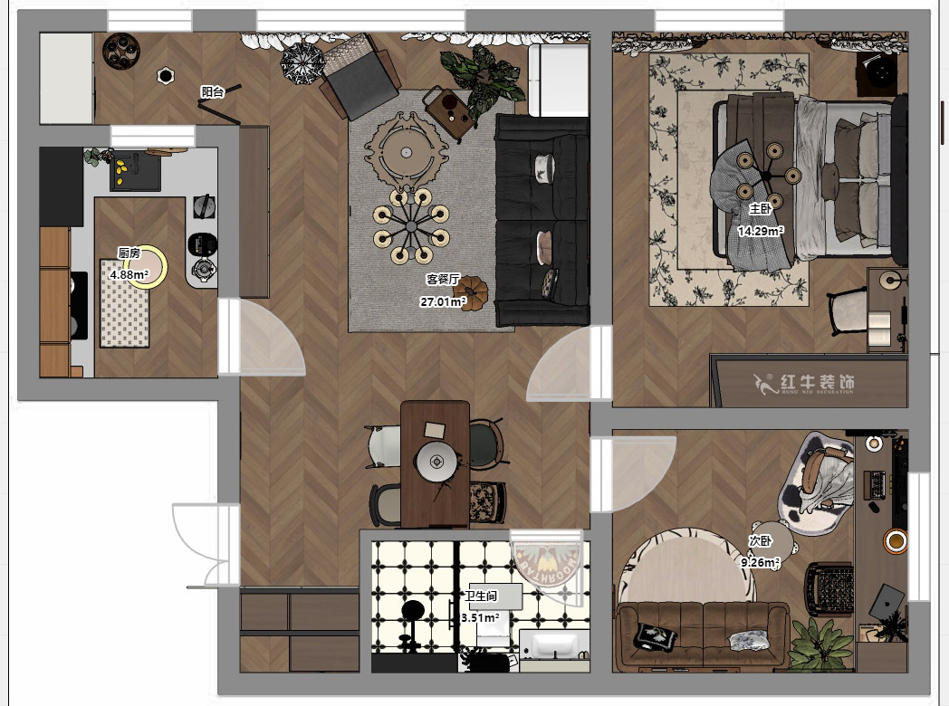 朱明琪｜朗詩國際街區(qū)(中園)6-401-100㎡-中古風(fēng)｜2室2廳1衛(wèi)｜老房裝修｜定制家｜全包10萬｜00_03平面彩圖