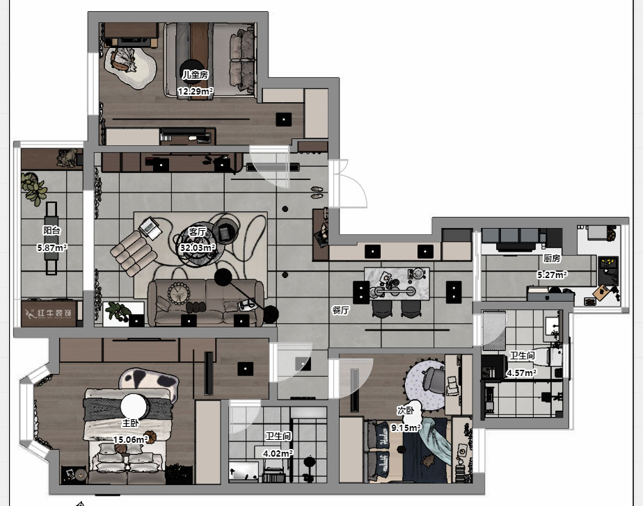 蔣?。汩坷?-2-901-108㎡-現(xiàn)代簡約風格｜3室2廳2衛(wèi)｜老房裝修｜定制家｜全包16萬｜00_03平面彩圖