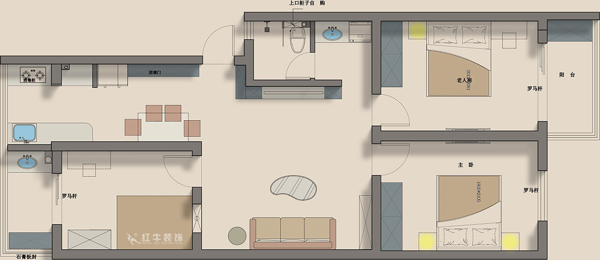 蔣?。鹬刍▓@4-3-806-100㎡-現(xiàn)代簡(jiǎn)約風(fēng)格｜3室2廳1衛(wèi)｜老房裝修｜定制家｜全包12萬(wàn)｜00_04平面彩圖