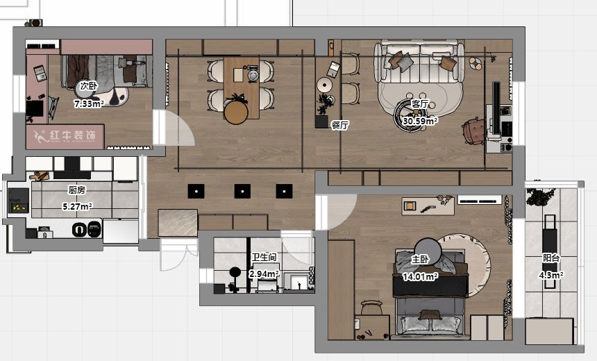 劉小勇｜龍蟠中路466號401室-83㎡-現(xiàn)代簡約風格｜2室2廳1衛(wèi)｜老房裝修｜定制家｜全包10萬｜00_03平面彩圖