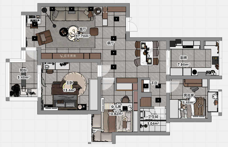 蔣琛｜萬達華府西苑6-401-106㎡-現(xiàn)代簡約風(fēng)格｜3室2廳1衛(wèi)｜老房裝修｜定制家｜全包13萬｜00_03平面彩圖