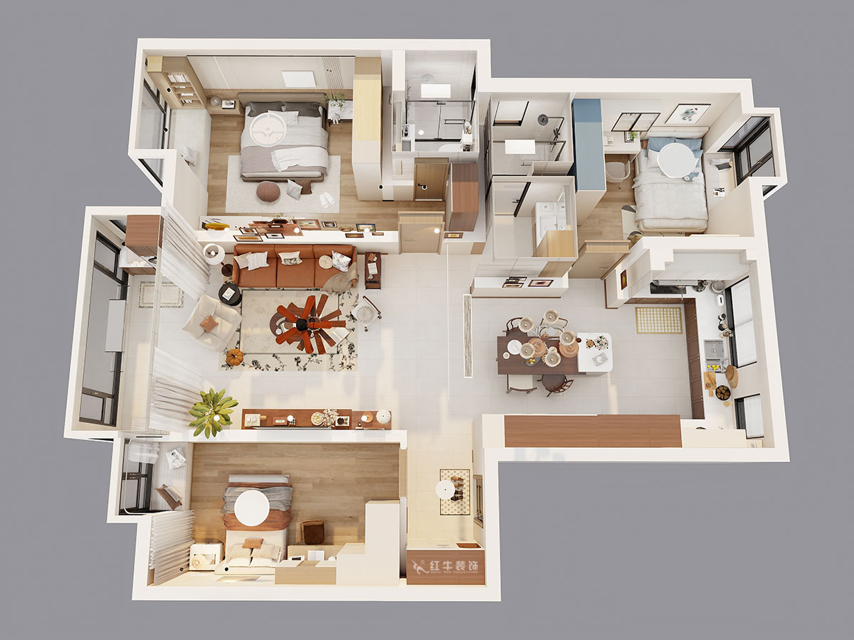 顧娟｜紫金明珠4幢202室-120㎡-現(xiàn)代簡約風(fēng)格｜3室2廳2衛(wèi)｜舊房裝修｜定制家｜全包17萬｜00_05鳥瞰圖