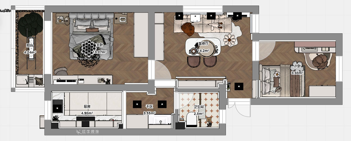 顧娟｜育才公寓32-502-66㎡-法式風格｜2室1廳1衛(wèi)｜舊房裝修｜定制家｜全包11