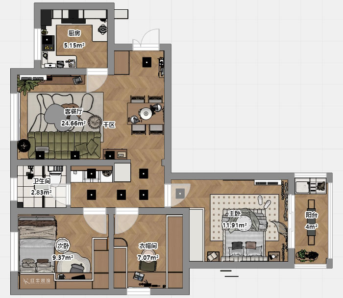 蔣琛｜銀龍雅苑11-3-212-85㎡-現(xiàn)代原木風(fēng)｜3室1廳1衛(wèi)｜新房裝修｜定制家｜全包11萬｜00_03平面彩圖