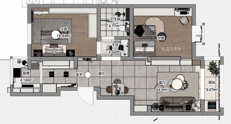 朱彥｜怡水嘉園3幢11號101室-100㎡-現代簡約風格｜2室2廳1衛(wèi)｜老房改造｜定制家｜全包12萬｜00_03平面彩圖