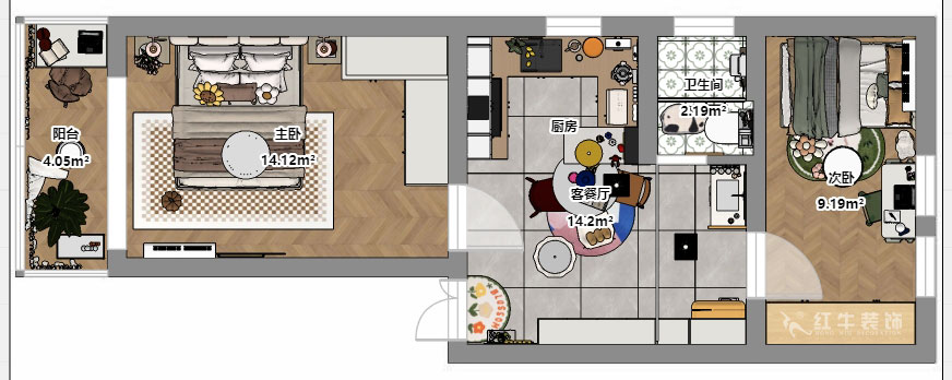 朱彥｜淮海新村7-28-702-57㎡-現代風格｜2室1廳1衛(wèi)｜老房改造｜定制家｜全包8萬｜00_03平面彩圖