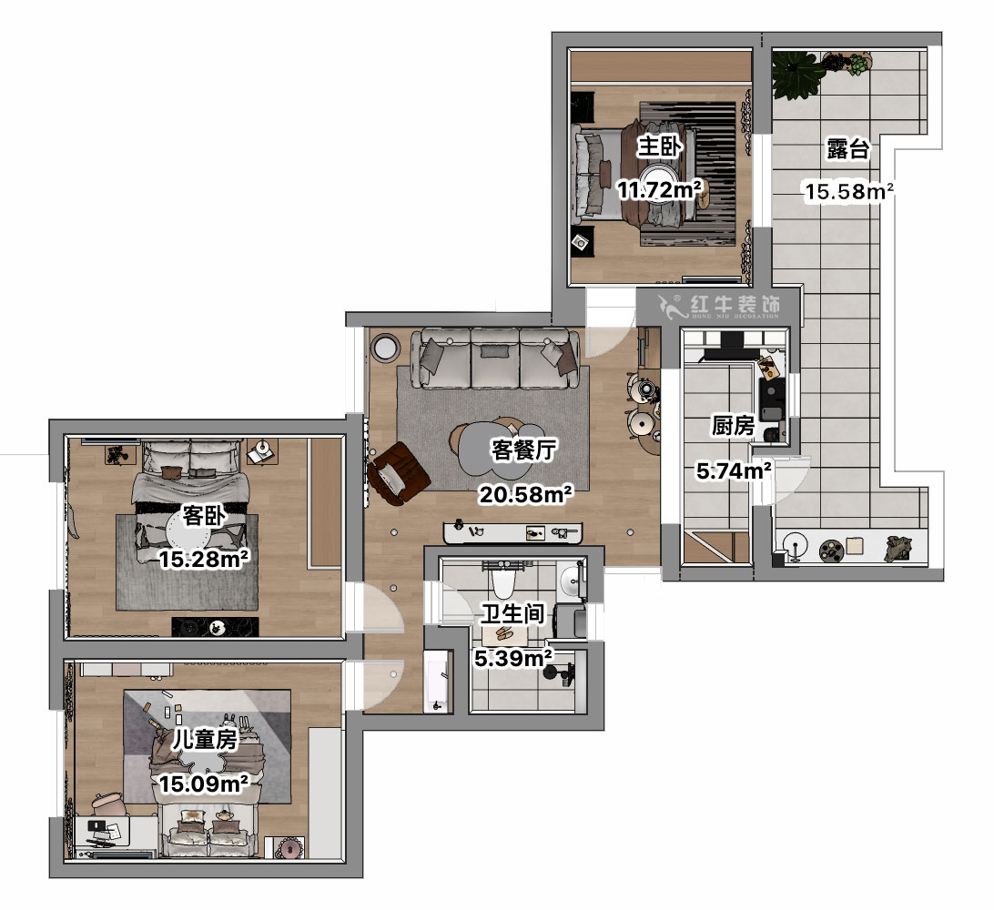 吳波｜清江花苑-清風園7-4-601-94㎡-現(xiàn)代簡約風格｜3室1廳1衛(wèi)｜舊房裝修｜定制家｜全包12萬｜00_03平面彩圖