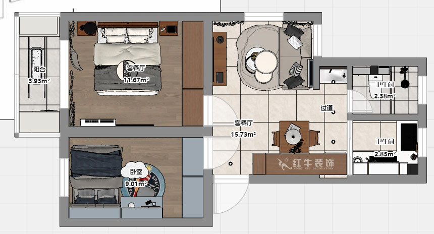 朱彥｜鳳凰花園城金陵園2幢10號502室-64㎡-現(xiàn)代簡約風格｜2室1廳1衛(wèi)｜老房改造｜定制家｜全包10萬｜00_03平面彩圖