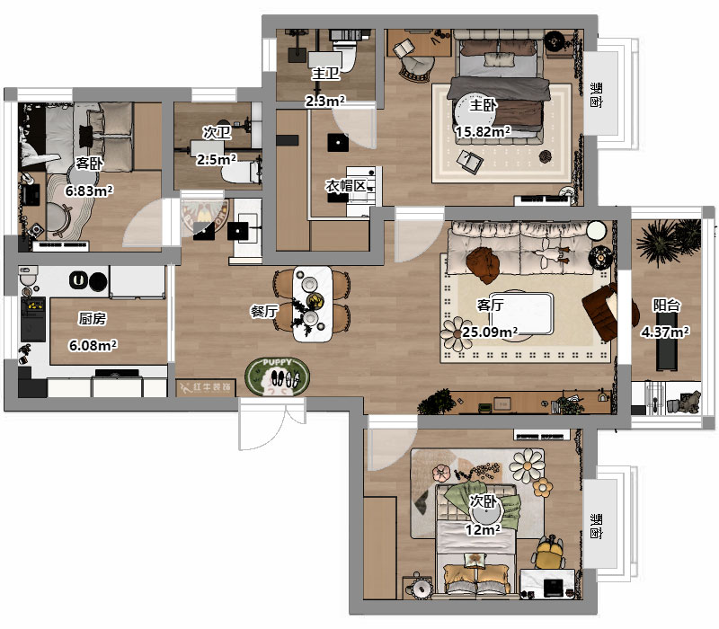 劉曉芳｜三金鑫寧府3-3-1105-95㎡-現(xiàn)代原木風(fēng)格｜3室2廳2衛(wèi)｜老房裝修｜半包6