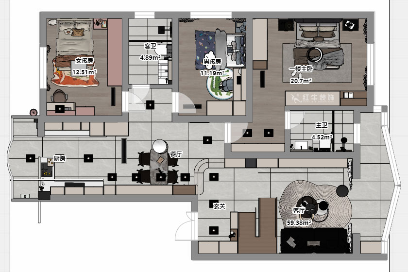 仇美蓉｜梅花山莊36-3-605-132㎡-簡(jiǎn)約風(fēng)格｜3室2廳2衛(wèi)｜老房裝修｜定制家｜全包18萬(wàn)｜00_05平面彩圖
