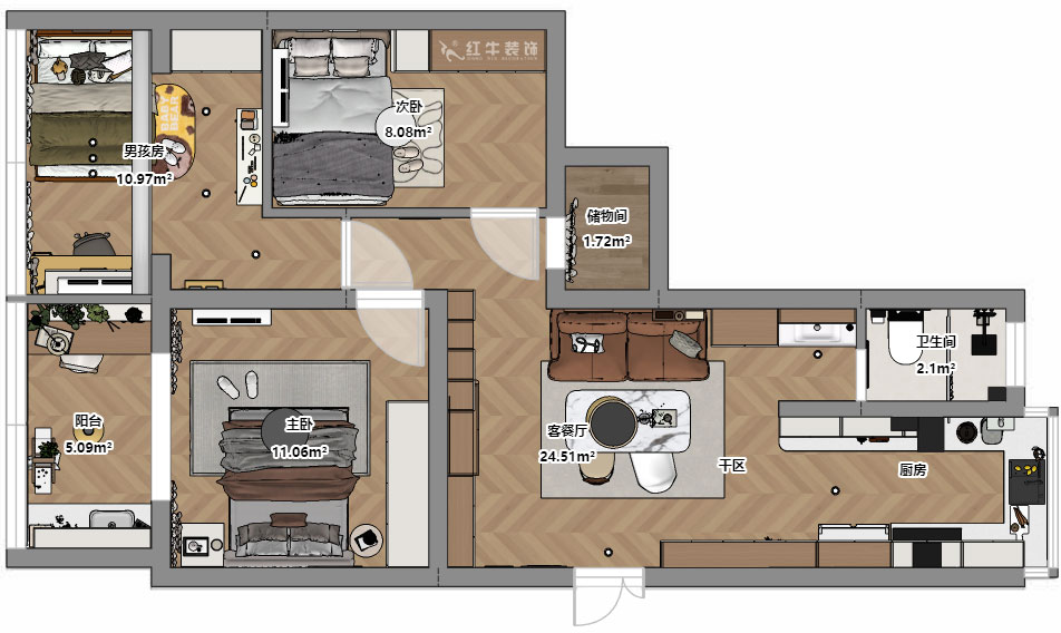 朱明琪｜金基公寓4-105-73㎡-原木風(fēng)格｜3室1廳1衛(wèi)｜老房改造｜定制家｜全包11萬｜00_03平面彩圖