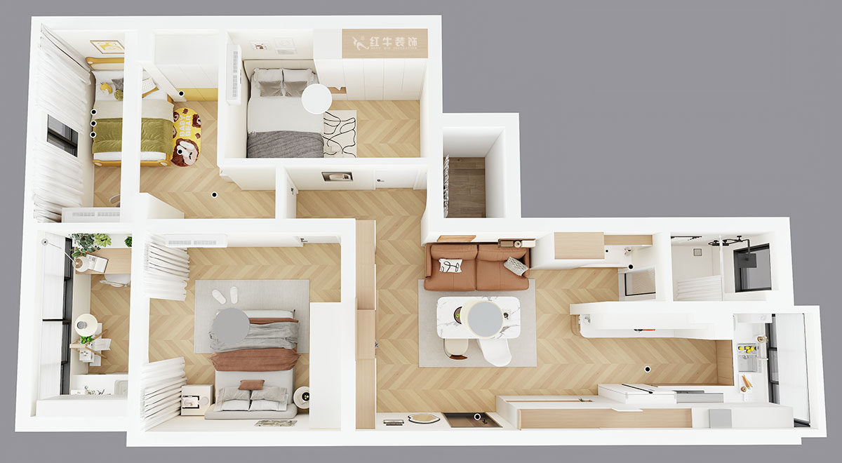 朱明琪｜金基公寓4-105-73㎡-原木風(fēng)格｜3室1廳1衛(wèi)｜老房改造｜定制家｜全包11萬｜00_04鳥瞰圖