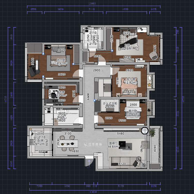 熊皓宇｜翠屏東南-180㎡-現(xiàn)代風格｜5室2廳2衛(wèi)｜新房裝修｜定制家｜全包｜00_01平面彩圖