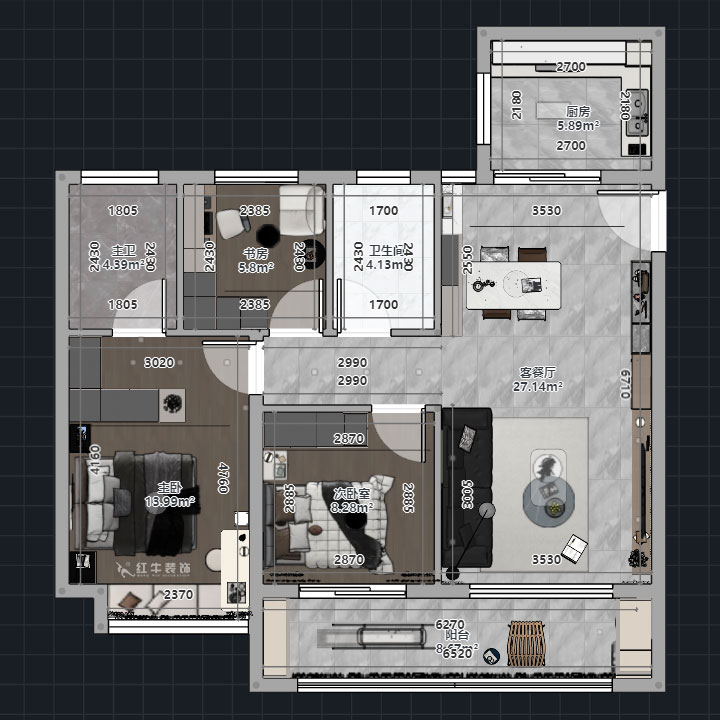 熊皓宇｜華發(fā)四季雅筑-120㎡-現(xiàn)代風(fēng)格｜3室2廳2衛(wèi)｜精裝修改造｜00_01平面彩圖