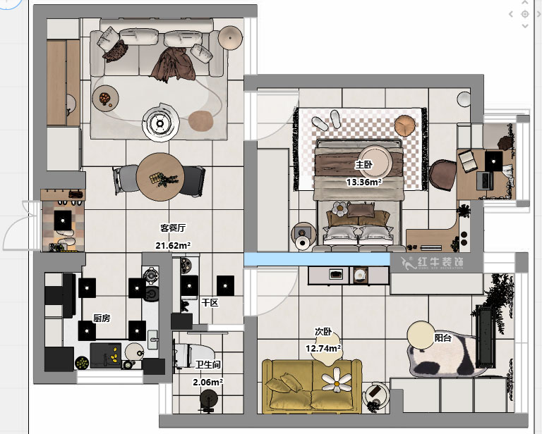 朱明琪｜燕江新城山水苑10-2-1007-68㎡-簡約風(fēng)格｜2室1廳1衛(wèi)｜老房裝修｜定制家｜全包8萬｜00_03平面彩圖