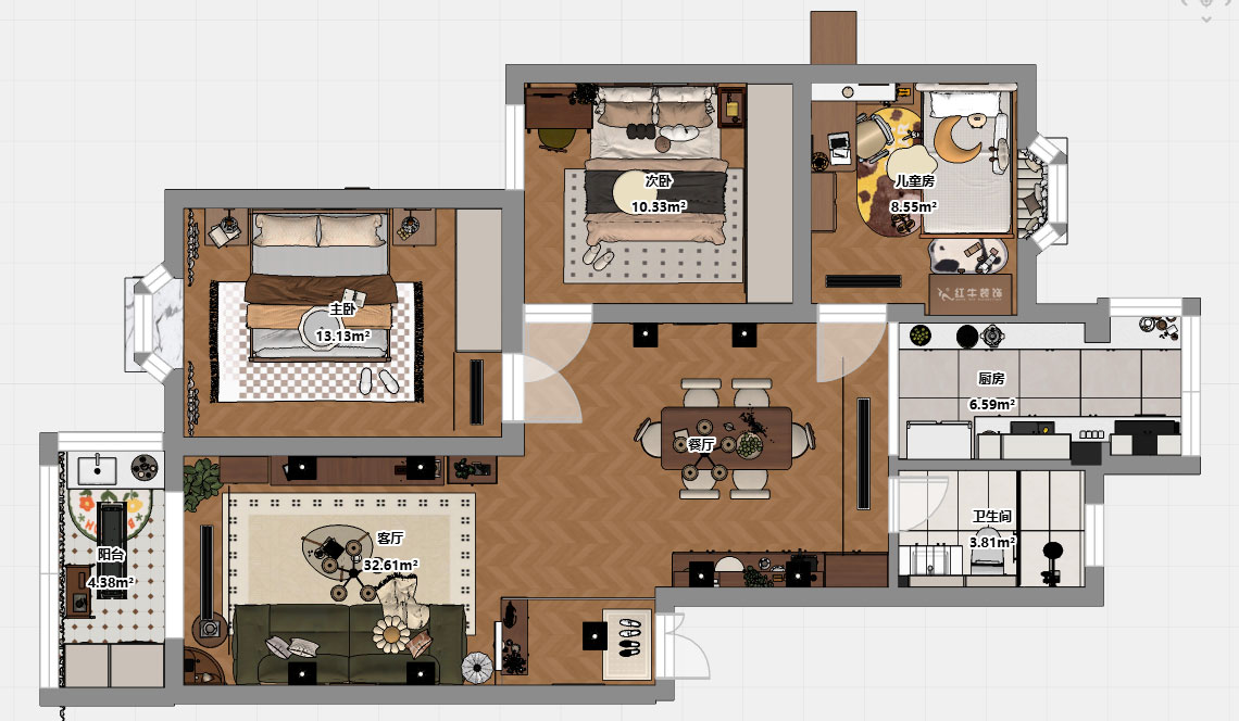 朱彥|林業(yè)大學一村2-204-90㎡-現(xiàn)代簡約風格|3室2廳1衛(wèi)|老房改造|定制家|全包12萬|00_03平面彩圖