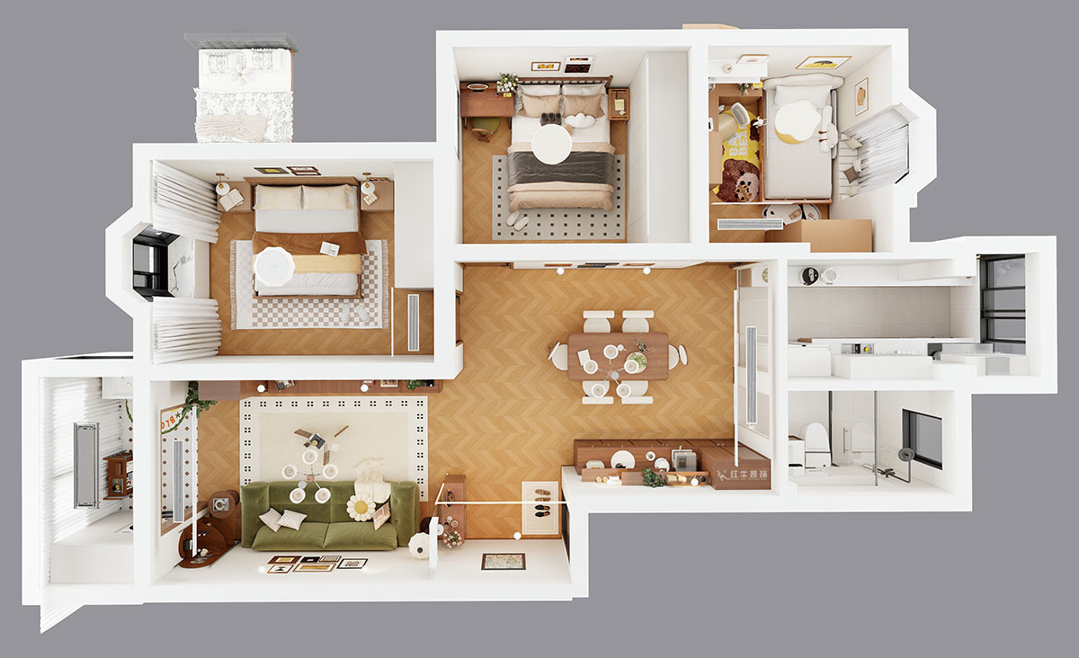 朱彥|林業(yè)大學一村2-204-90㎡-現(xiàn)代簡約風格|3室2廳1衛(wèi)|老房改造|定制家|全包12萬|00_04鳥瞰圖