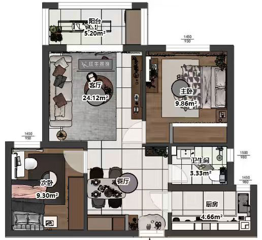 吳波|新江雅苑1-702-70㎡-現(xiàn)代簡約風(fēng)格|2室2廳1衛(wèi)1廚1陽臺|舊房裝修|定制家|全包8萬|00_03平面彩圖
