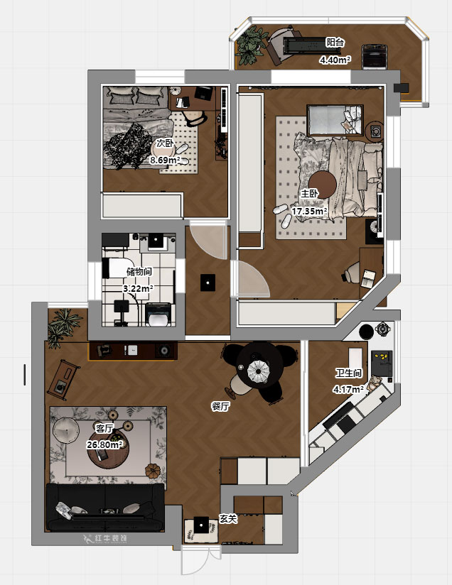 孟憲濤|金寶花園5-2701-82㎡-簡約中古風格|2室1廳1衛(wèi)|老房裝修|定制家|全包10萬|00_03平面彩圖